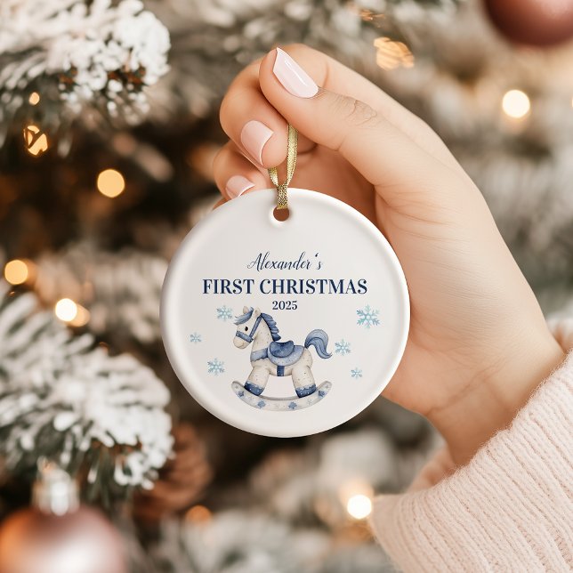 Personalized Blue Rocking Horse First Christmas Ceramic Ornament (Creator Uploaded)