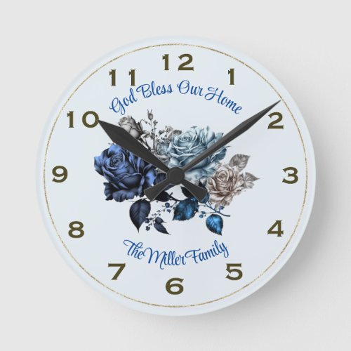 Personalized Blue Rose Wall Clock God Bless Our H