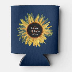 Personalized Blue Rustic Sunflower Wedding Can Cooler