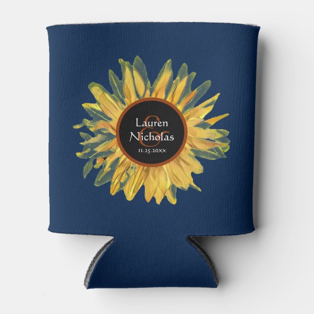 Personalized Blue Rustic Sunflower Wedding Can Cooler (Front)