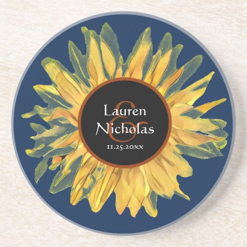Personalized Blue Rustic Sunflower Wedding Coaster