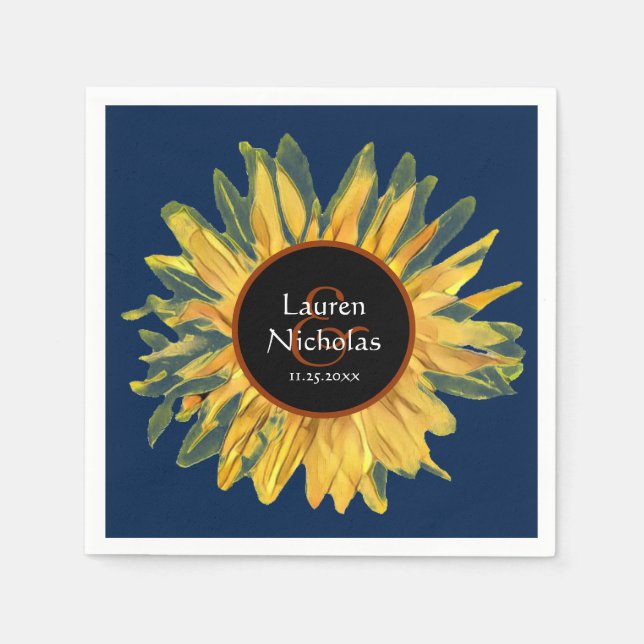 Personalized Blue Rustic Sunflower Wedding Napkins (Front)