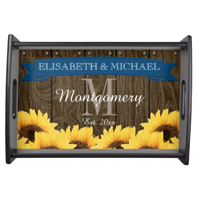 PERSONALIZED BLUE RUSTIC SUNFLOWER WEDDING SERVING TRAY (Front)