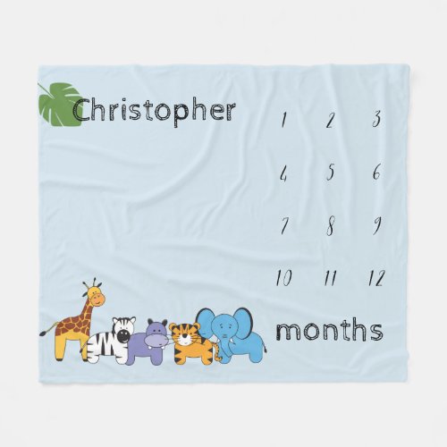 Personalized Blue Safari Baby milestone months Fleece Blanket