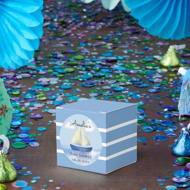 Personalized Blue Sailboat Baby Shower Favor Boxes (Party)