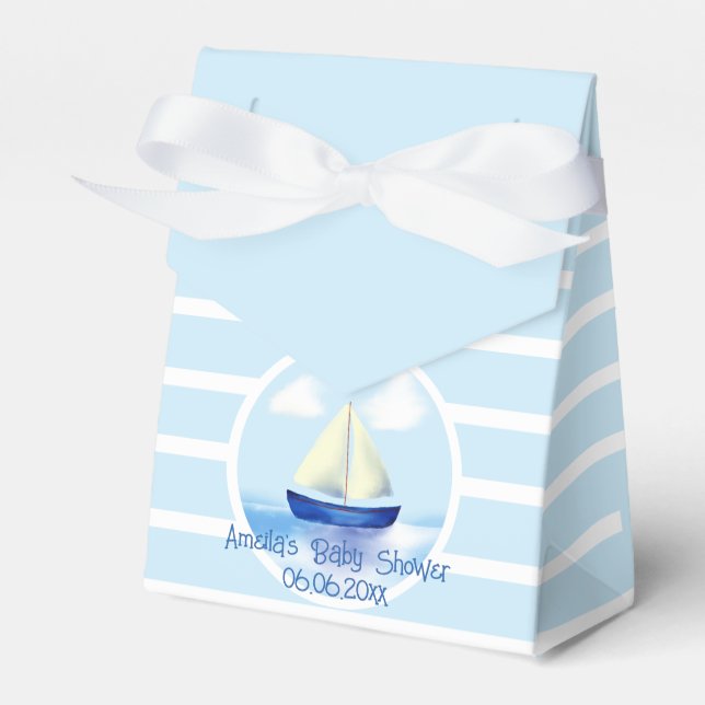 Personalized Blue Sailboat Baby Shower Favor Boxes (Front Side)
