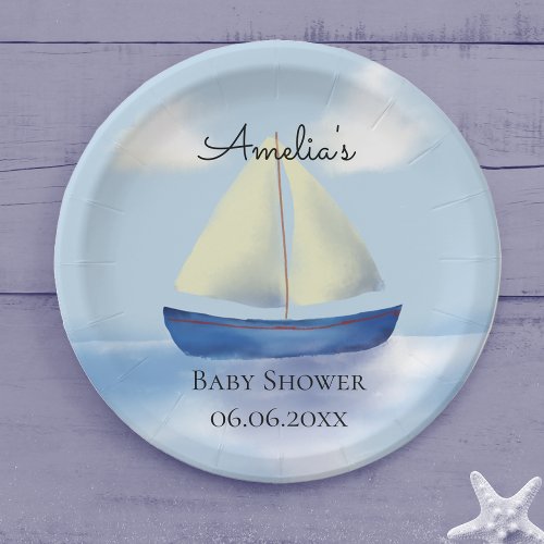 Personalized Blue Sailboat Baby Shower Paper Plates