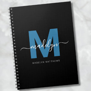 Personalized Blue Script Name Initial Monogram Notebook