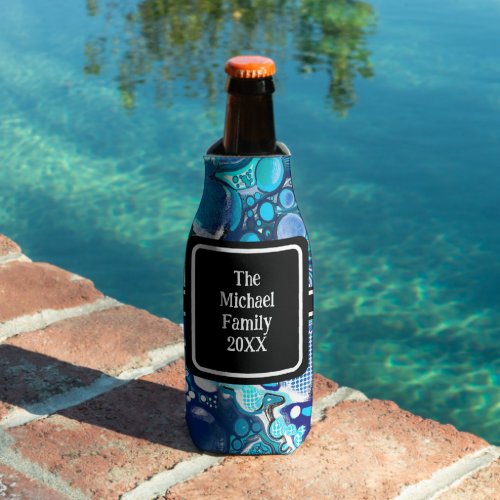 Personalized Blue Sea Bubbles Abstract Art Bottle Cooler