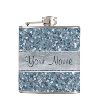 Personalized Blue Sequins Silver Foil Hip Flask by glamgoodies at Zazzle