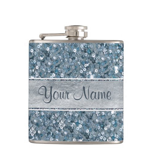 Personalized Blue Sequins Silver Foil Hip Flask