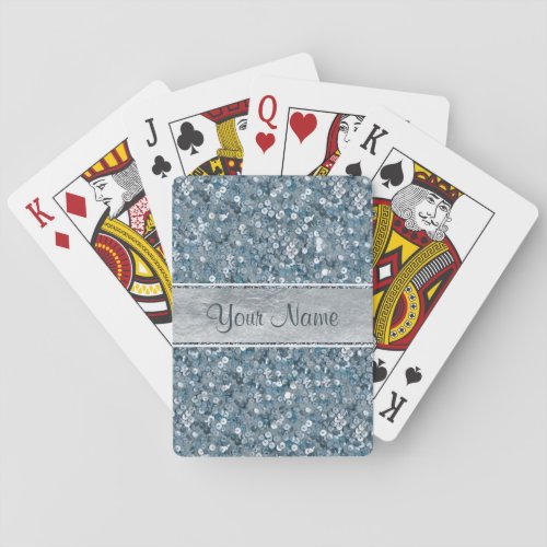 Personalized Blue Sequins Silver Foil Look Poker Cards