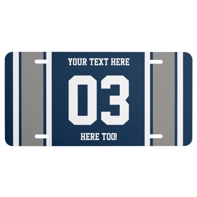 Personalized Blue Silver and White Sports Stripes License Plate (Front)