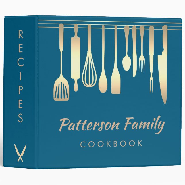 Personalized Blue Silver Family Recipe Cookbook 3  3 Ring Binder (Front/Spine)