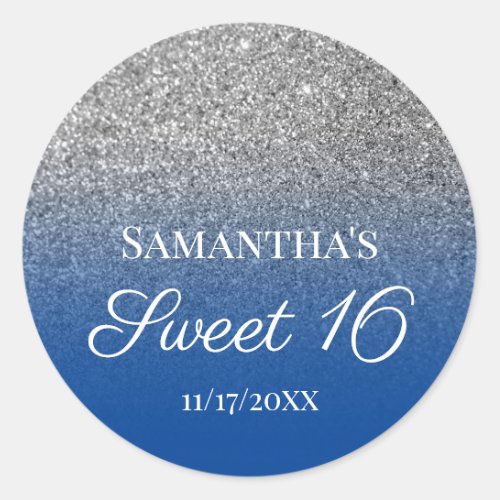 Personalized Blue Silver Ombre Glitter Sweet 16 Classic Round Sticker