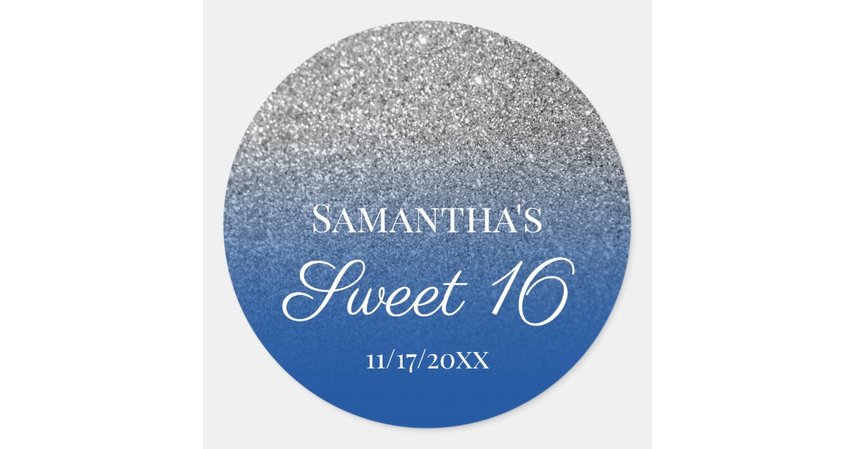 Personalized Blue Silver Ombre Glitter Sweet 16 Classic Round Sticker ...