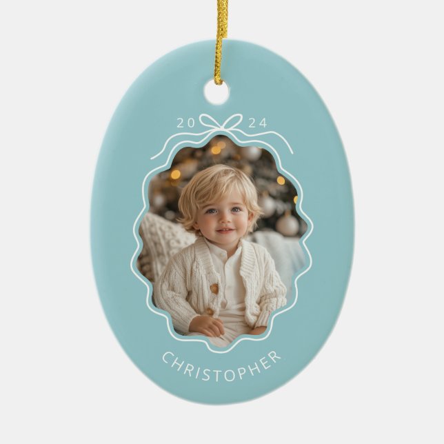 Personalized Blue Simple Bow Wavy Photo Christmas Ceramic Ornament (Front)