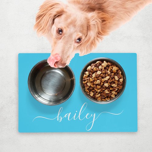 Personalized Blue Simple Script Name Dog Food Placemat
