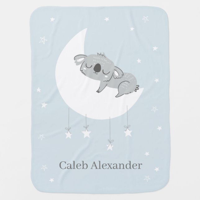 Personalized Blue Sleeping Koala Boy Baby Blanket (Front)