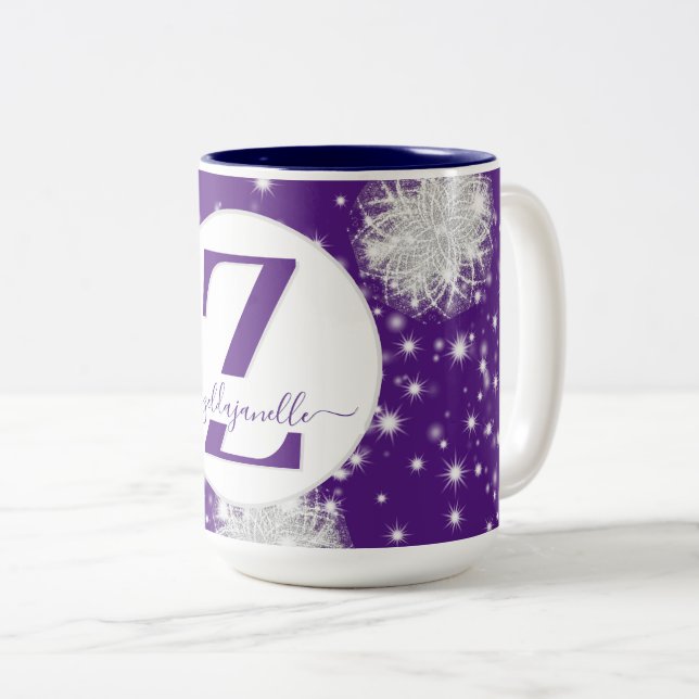 Personalized Blue Snowflake Custom Cocoa Tea Two-Tone Coffee Mug (Front Right)