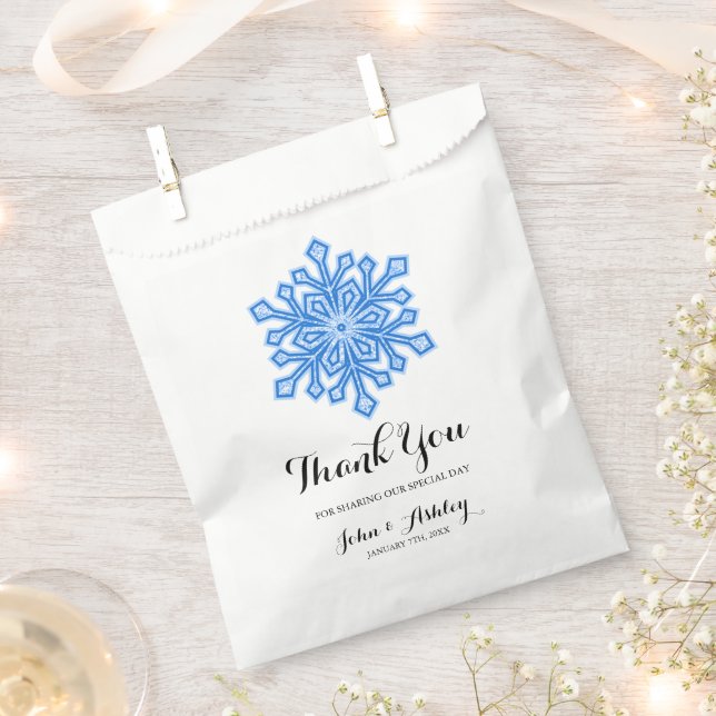 Personalized Blue Snowflake Winter Wedding Favor Bag (Clipped)