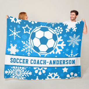 Personalized Blue Snowflakes Soccer Coach Name Fleece Blanket