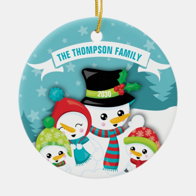 Personalized Blue Snowman Family Christmas Ceramic Ceramic Ornament (Front)