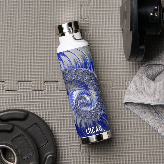 Personalized Blue Spiral Fractal  Water Bottle (Gym)