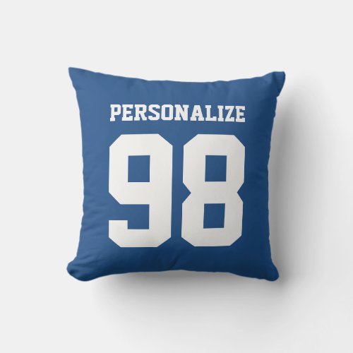 Personalized blue sport jersey number throw pillow