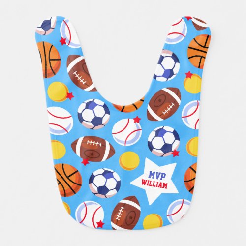 Personalized Blue Sports Themed Bib for Baby Boy