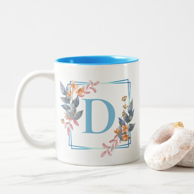 Personalized Blue Square Floral Border Monogram  Two-Tone Coffee Mug (With Donut)