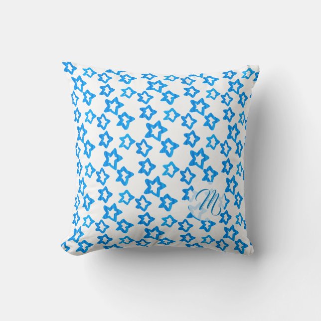 Personalized Blue Star Pattern with Monogram Throw Pillow (Front)