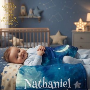 PERSONALIZED BLUE STARRY NIGHT SKY & CRESCENT MOON BABY BLANKET