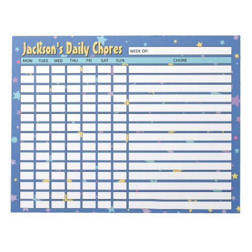 Personalized Blue Stars Daily Chores Chart Notepad