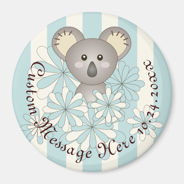 Personalized Blue Stripe Baby Koala Party Favor Magnet (Front)