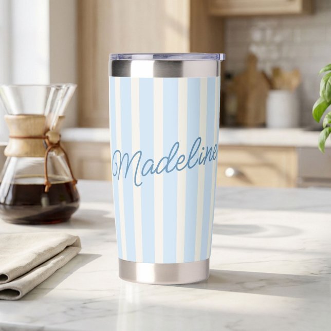 Personalized Blue Stripe Custom Name Cute Script  Insulated Tumbler (Creator Uploaded)