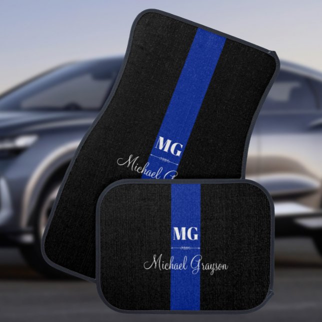 Personalized Blue Stripe Monogram Name Car Floor Mat (Creator Uploaded)