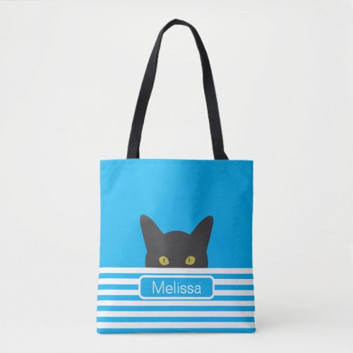 Personalized Blue Stripe Peeking Black Cat   Tote Bag