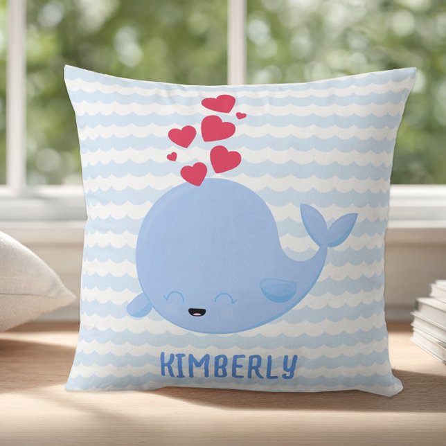 Personalized Blue Stripe Whale Throw Pillow (Personalized Whale Pillow)