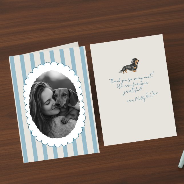Personalized Blue Striped Pet Photo Dachshund Thank You Card (Send many thanks with a personalized touch! )