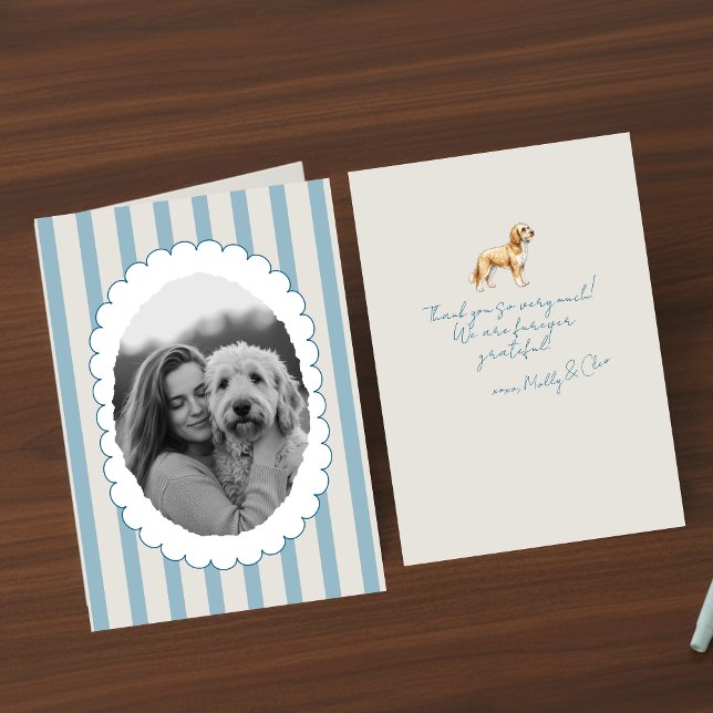 Personalized Blue Striped Pet Photo Golden Doodle Thank You Card (Send many thanks with a personalized touch! )