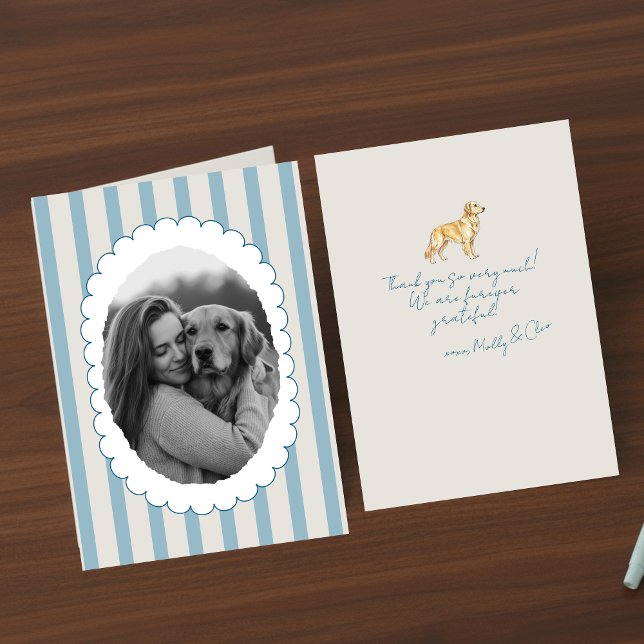 Personalized Blue Striped Photo Golden Retriever Thank You Card (Send many thanks with a personalized touch! )