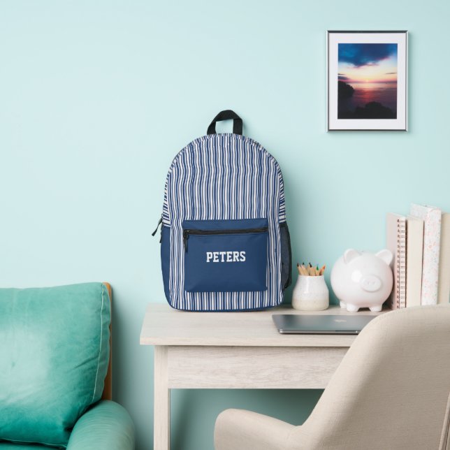 Personalized Blue Striped  Printed Backpack (Insitu)