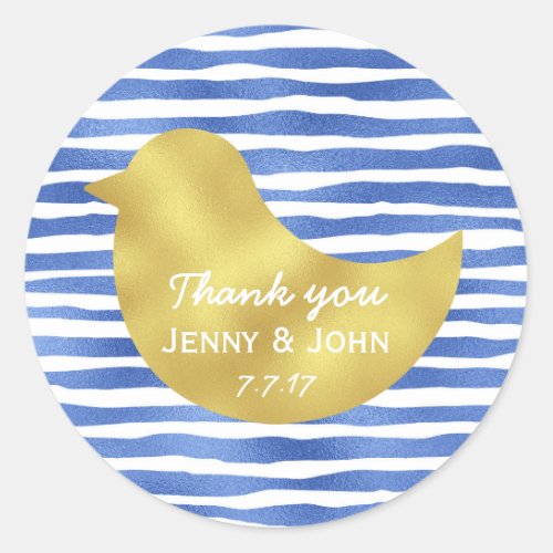 Personalized Blue Stripes Gold Wedding Thank you Classic Round Sticker