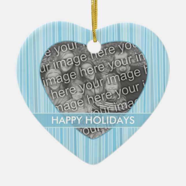 Personalized Blue Stripes Heart Photo Ornament (Front)