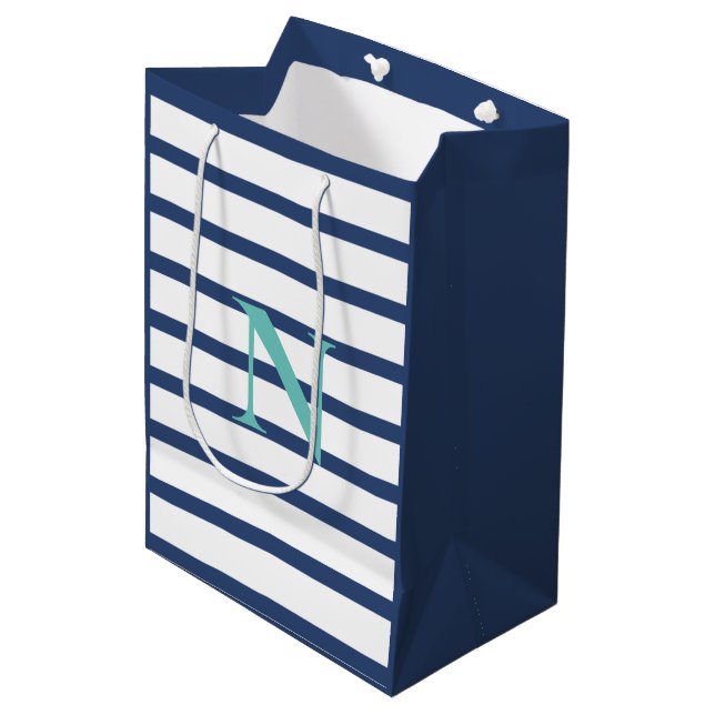 Personalized Blue Stripes Monogram Medium Gift Bag (Front Angled)