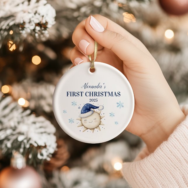 Personalized Blue Sun Stars First Christmas Ceramic Ornament (Creator Uploaded)