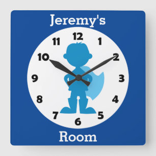 Personalized Blue Superhero Boy Kids Room Square Wall Clock