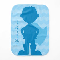 Personalized Blue Superhero Boy Silhouette Chevron Baby Burp Cloth
