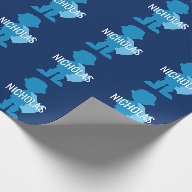 Personalized Blue Superhero Boy Silhouette Kids Wrapping Paper (Corner)